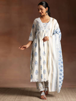 Libas - Women Blue Pure Cotton Floral Kurta with Salwar and Dupatta (Set of 3)