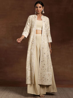 Libas - Beige Solid Crop Top with Palazzos and Floral Embroidered Shrug (Set of 3)