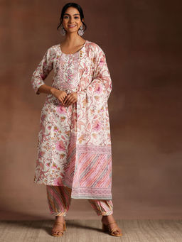 Libas - Off White Floral Printed Cotton Kurta With Salwar & Dupatta (Set of 3)