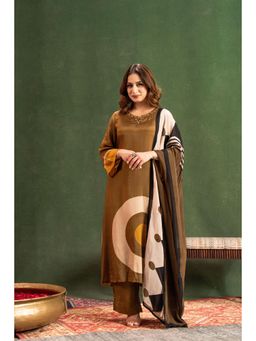 WOOMN - Olive Brown Elegance Pure Muslin Kurta with Pant & Dupatta