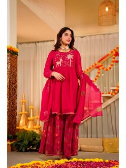 WOOMN - Magenta Whisper Organza Kurta with Sharara & Dupatta