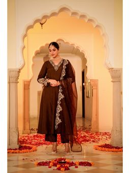 WOOMN - Mocha Royale Russian Silk Kurta with Pant & Dupatta