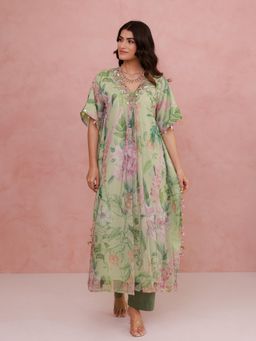 AROOP SHOP INDIA - Green Jaselle Floral Kaftan with Pant