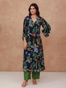 AROOP SHOP INDIA - Navy Blue Grace Floral Kurta & Pant