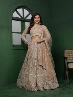 MILU MADAN - Light Beige Heavy Embroidered Lehenga with Blouse & Dupatta