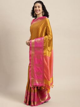 Vastranand - Mustard & Pink Woven Design Banarasi Saree with Unstitched Blouse