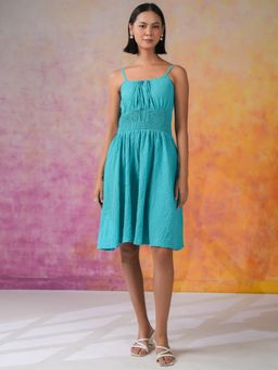 SAY - Blue Solid Knee Length Dress