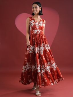 SAY - Red Printed V-Neck Dress