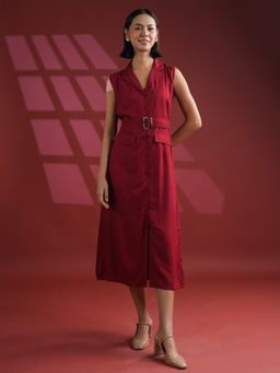 SAY - Red Solid Midi Dress with Belt (Set of 2)