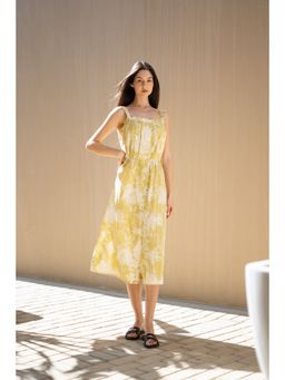 SAY - Lime Yellow Printed Shoulder Straps Midi Dress