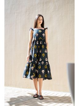 SAY - Green Printed Square Neck Midi Dress