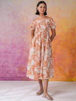 SAY - Orange Tropical Printed Midi Dress