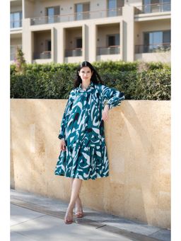 SAY - Teal Blue Abstract Printed Shirt Collar Midi Dress