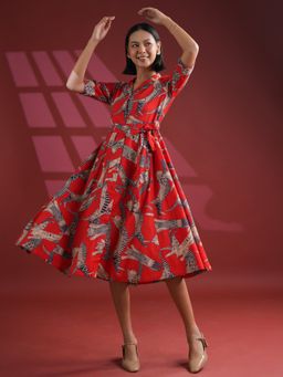 SAY - Red Cat Print Shirt Collar Dress with Belt (Set of 2)
