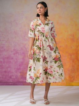 SAY - Off White Floral Printed Shirt Collar Midi Dress