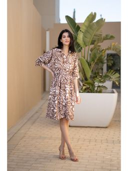 SAY - Brown Floral Printed Shirt Collar Knee Length Dress