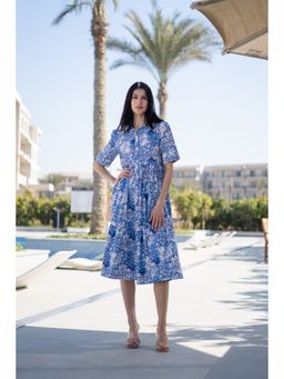 SAY - Blue Floral Printed Shirt Collar Midi Dress