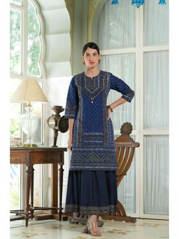 Juniper - Indigo Ethnic Motif Printed Chanderi Layered Dress with Zari Work Embroidery