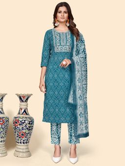 Vbuyz - Women Print & Embroidered Straight Teal Kurta Pant with Dupatta (Set of 3)