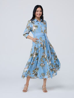 Twenty Dresses by Nykaa Fashion - Blue Printed Collar Neck Midi Shirt Dress with Belt (Set of 2)