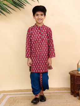 The Mom Store - Red Printed Regular Fit Kurta and Dhoti (Set of 2)