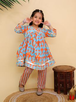 The Mom Store - Blue Printed Regular Fit Anarkali Kurta and Pant (Set of 2)