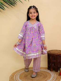The Mom Store - Purple Printed Regular Fit Anarkali Kurta and Pant (Set of 2)