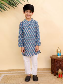 The Mom Store - Blue Printed Regular Fit Kurta and Pyjama (Set of 2)