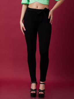 Globus - Women Black Casual Waist Tie Up Slip On Skinny Fit Trousers