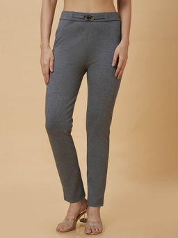Globus - Women Charcoal Melange Casual Buckle Detailing Regular Fit Trousers