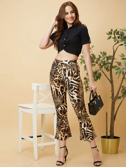 Globus - Black Casual Co-Ord with Solid Twisted Crop Top and Animal Print Trouser (Set of 2)