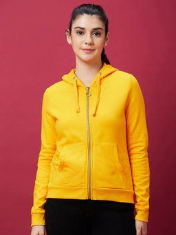 Globus - Women Yellow Solid Casual Zip Front Hooded Drop Shoulder Sweatshirt