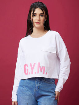 Globus - Women White Casual Round Neck Drop Shoulder Full Sleeve Sweatshirt