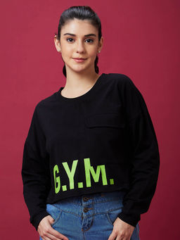 Globus - Women Black Casual Round Neck Drop Shoulder Full Sleeve Sweatshirt