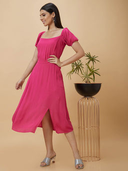 Globus - Women Pink Solid Square Neck Fit and Flare Midi Dress