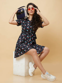 Globus - Navy Conversational Print Shirt Collar with Belt A-Line Flare Mini Dress (Set of 2)