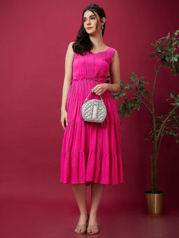 Globus - Women Pink V-Neck Gathered Smocked Tiered Fit & Flare Midi Dress