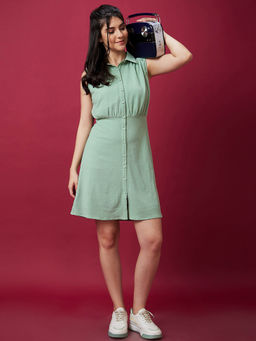 Globus - Women Green Solid Shirt Collar Sleeveless Fit To Flare Dress