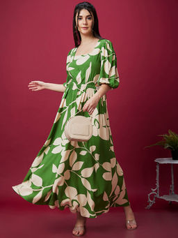 Globus - Women Green Floral Print Square Neck Waist Cut Out Maxi Dress