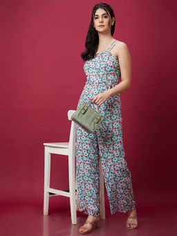 Globus - Women Multi Blue Floral Printed Strappy Waist Tie-Up Casual Jumpsuit (Set of 2)