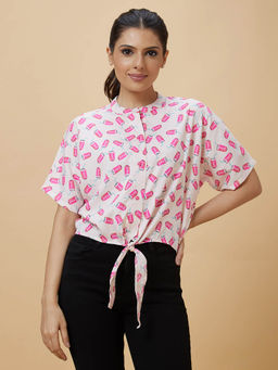 Globus - Women Baby Pink Graphic Print Mandarin Collar Waist Tie-Up Top