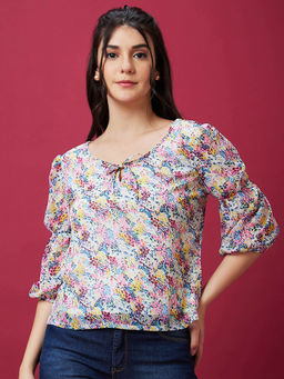 Globus - Women Multi Floral Print Lantern Sleeve Casual Top