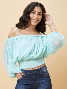 Globus - Women Green Long Smocked Blouson Crop Top