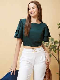 Globus - Women Green Flared Sleeves Crop Top