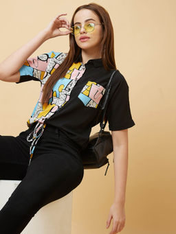 Globus - Women Pink Multi Graphic Print Tie Ups Button Down Funky Shirt Style Top