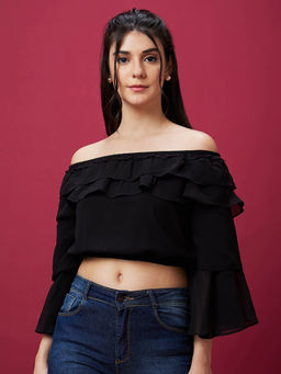 Globus - Women Black Solid Off Shoulder Ruffled Flared Sleeve Party Crop Top