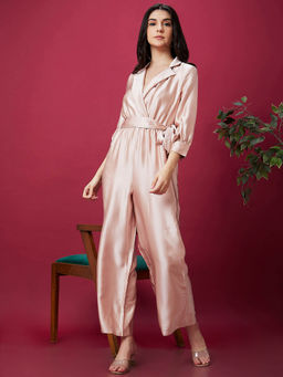 Globus - Women Nude Solid Wrap Notched Neck Waist Tie Up Satin Party Jumpsuit (Set of 2)