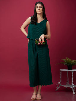 Globus - Women Green V-Neck Accordion Pleats Party Jumpsuit