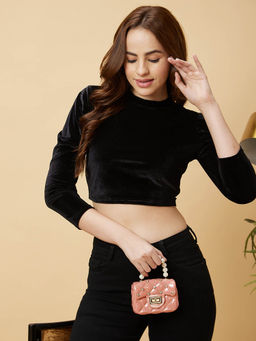 Globus - Women Black Crew Neck Puff Sleeves Fitted Velvet Party Blouse
