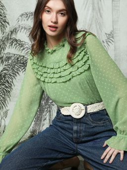 VERO MODA - Green Polka Dot Ruffle Top